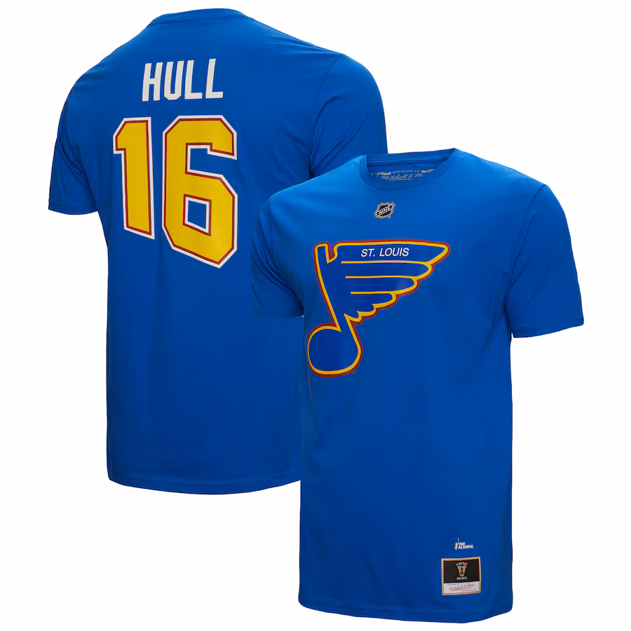 Men's St. Louis Blues Brett Hull Mitchell & Ness Blue Name & Number T-Shirt - Jersey