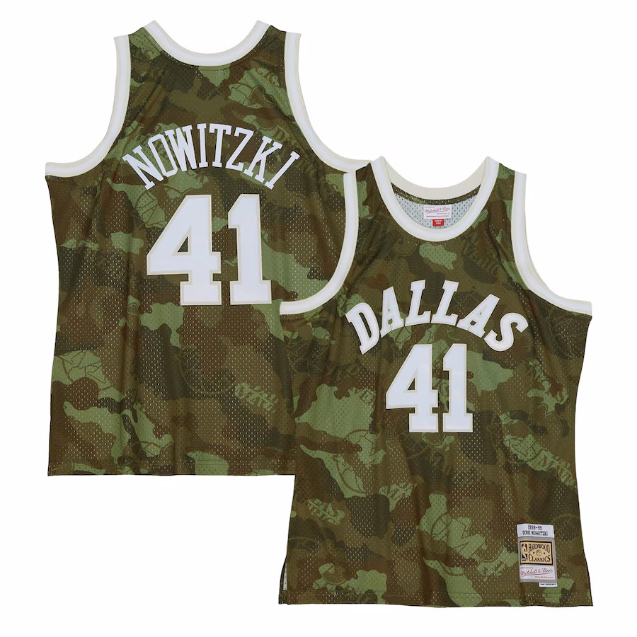 Men's Dallas Mavericks Dirk Nowitzki Mitchell & Ness Camo Hardwood Classics 1998/99 Ghost Green Swingman Jersey - Jersey