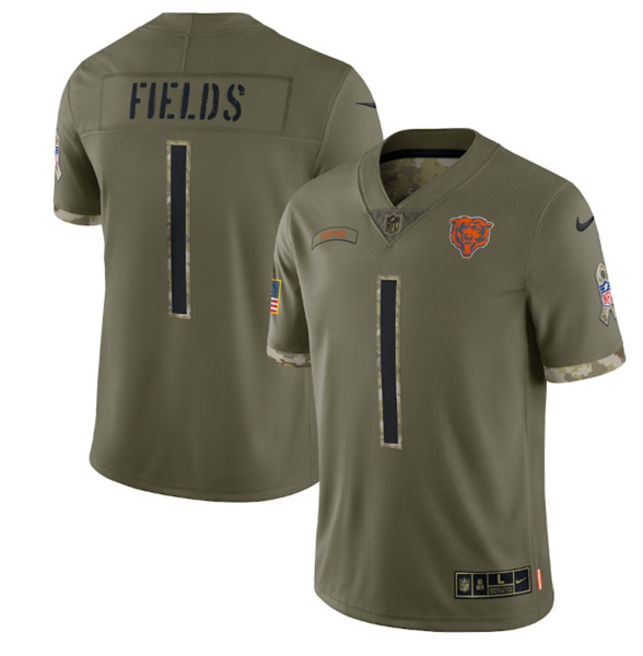 Men's Chicago Bears #1 Justin Fields 2022 Olive Salute To Service Limited Stitched Jersey - Jersey