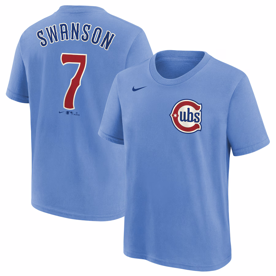 Youth Chicago Cubs Dansby Swanson Nike Baby Blue Player Name & Number T-Shirt - Jersey