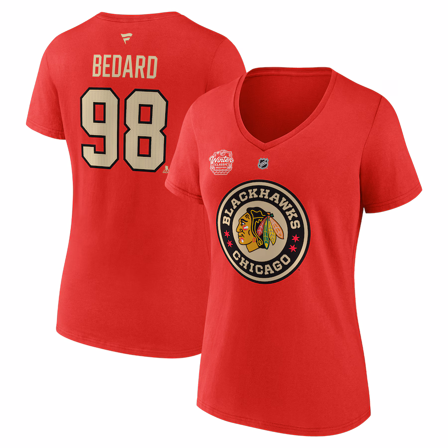 Women's Chicago Blackhawks Connor Bedard Fanatics Red 2025 NHL Winter Classic Authentic Stack Name & Number V-Neck T-Shirt - Jersey