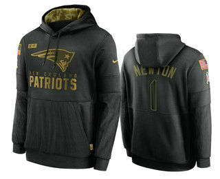 Men's New England Patriots #1 Cam Newton Black 2020 Salute To Service Sideline Performance Pullover Hoodie - Jersey