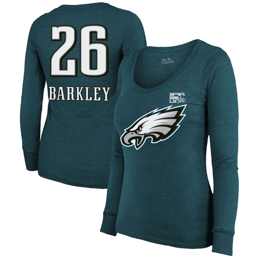 Women's Philadelphia Eagles Saquon Barkley Majestic Threads Midnight Green Super Bowl LIX Player Name & Number Tri-Blend Long Sleeve Scoop Neck T-Shirt - Jersey
