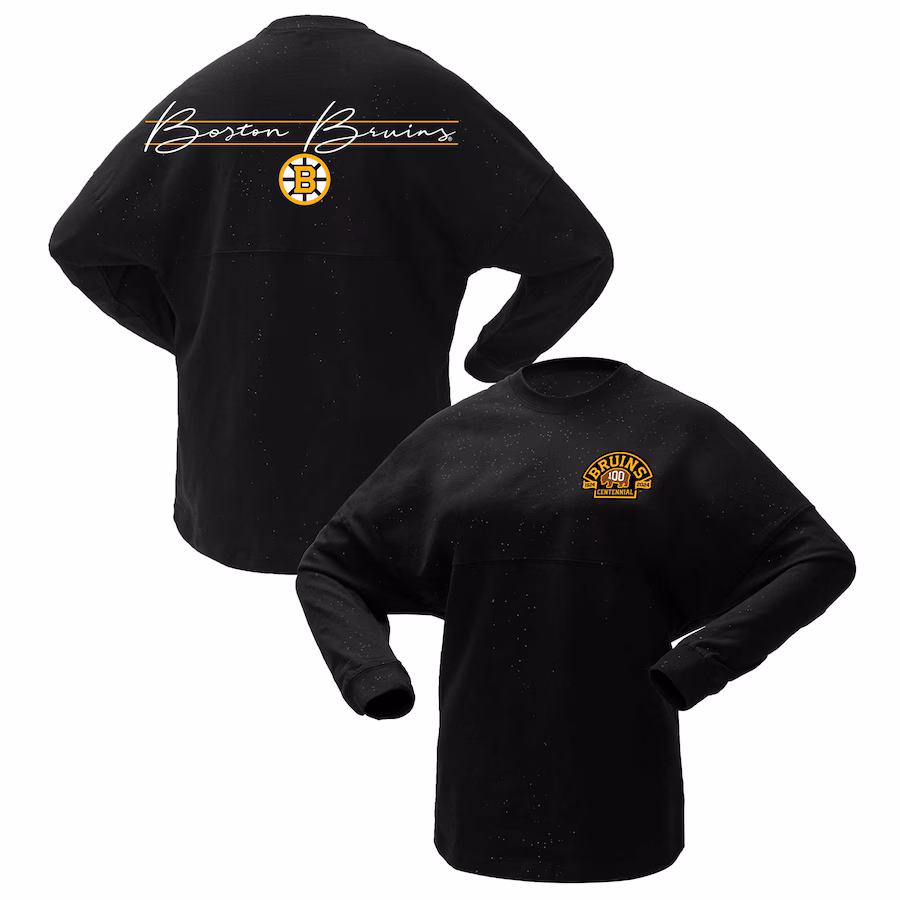 Women's Boston Bruins Fanatics Black 100th Anniversary Sparkle Spirit Jersey T-Shirt - Jersey