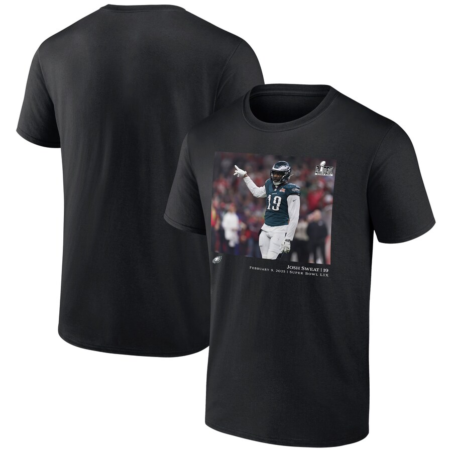 Men's Philadelphia Eagles Josh Sweat Black NFL Flash Features Super Bowl LIX Champions T-Shirt - Jersey