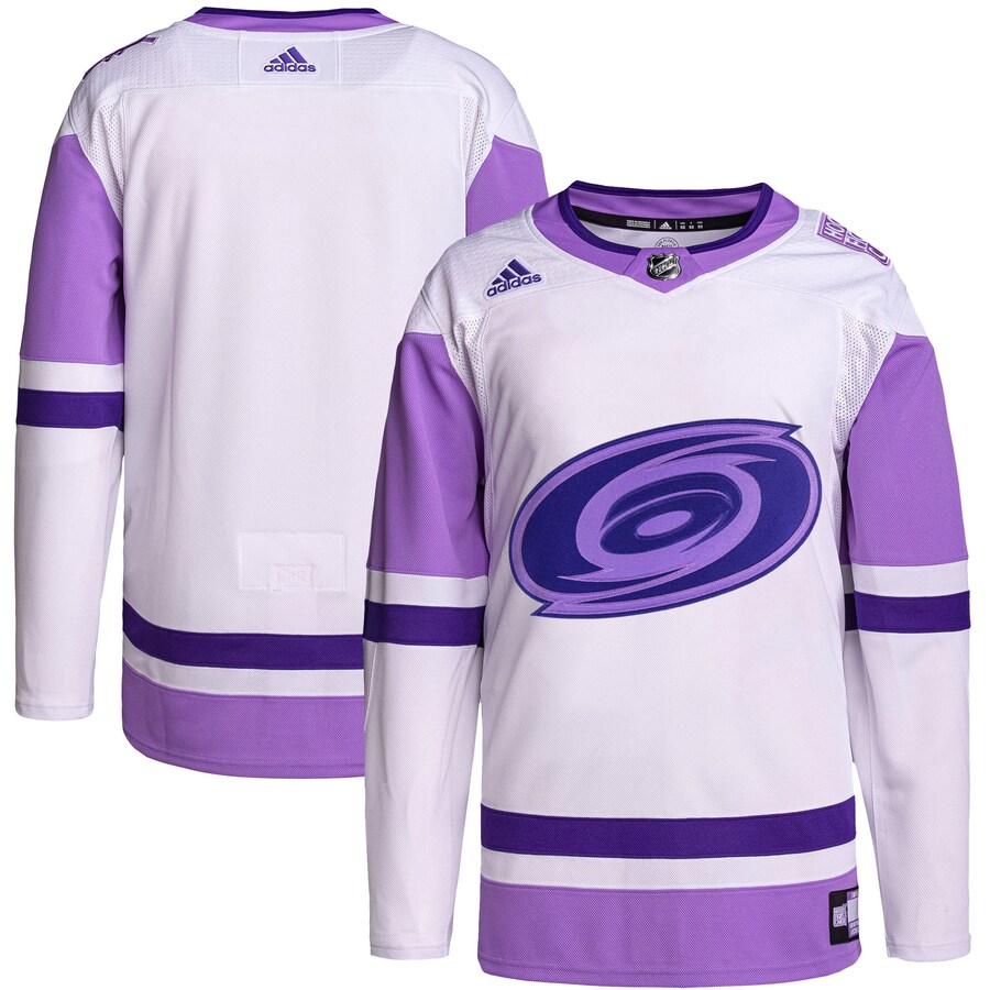 Men's Carolina Hurricanes adidas White/Purple Hockey Fights Cancer Primegreen Authentic Blank Practice Jersey - Jersey