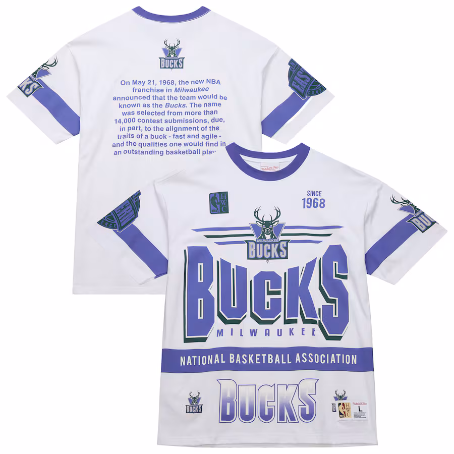 Unisex Milwaukee Bucks  Mitchell & Ness White Hardwood Classics Vintage Team Origins Premium T-Shirt - Jersey