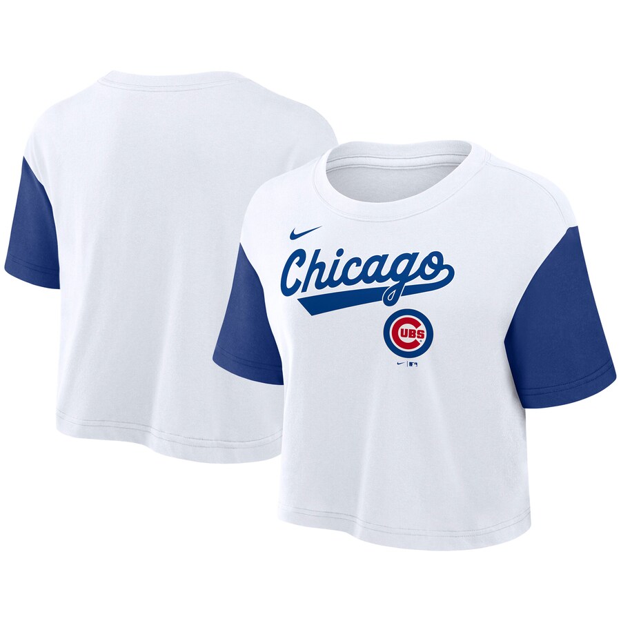 Women's Chicago Cubs Nike White/Royal Script Cropped Performance T-Shirt - Jersey