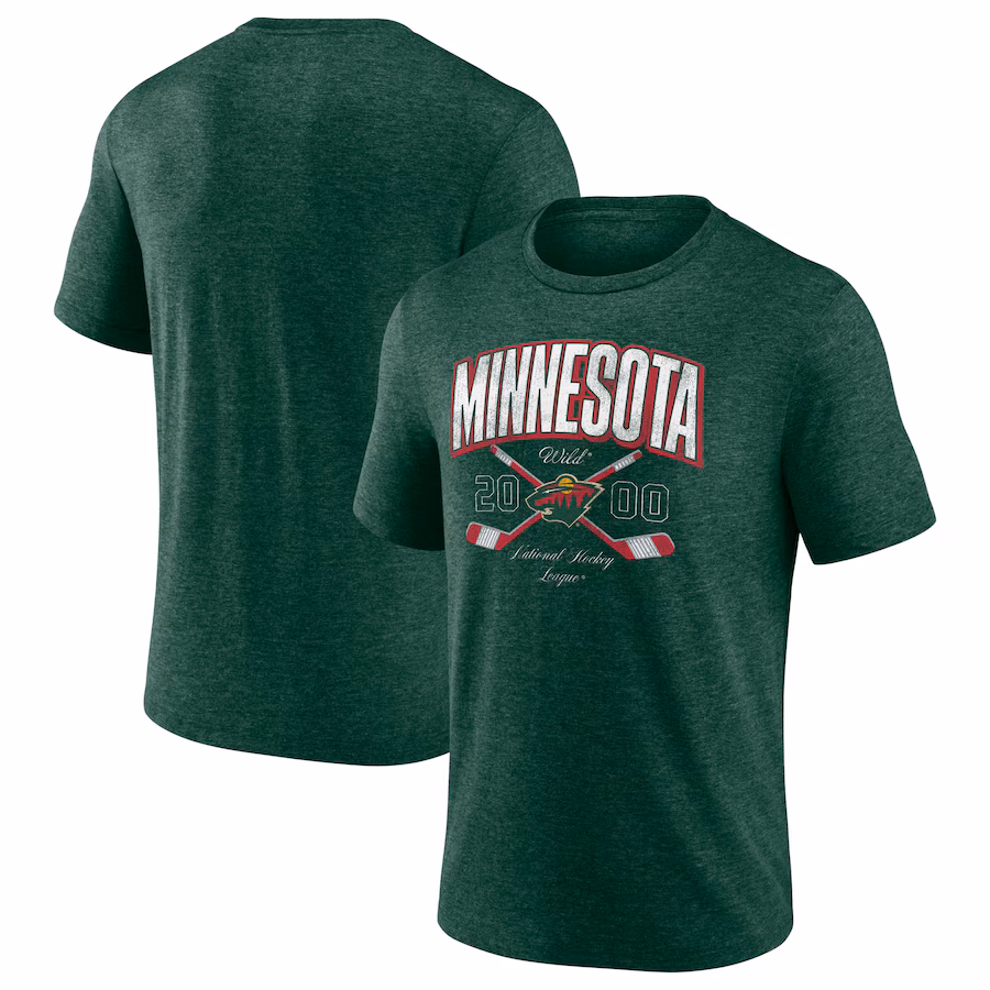 Men's Minnesota Wild Fanatics Heather Green Cross Sticks Tri-Blend T-Shirt - Jersey