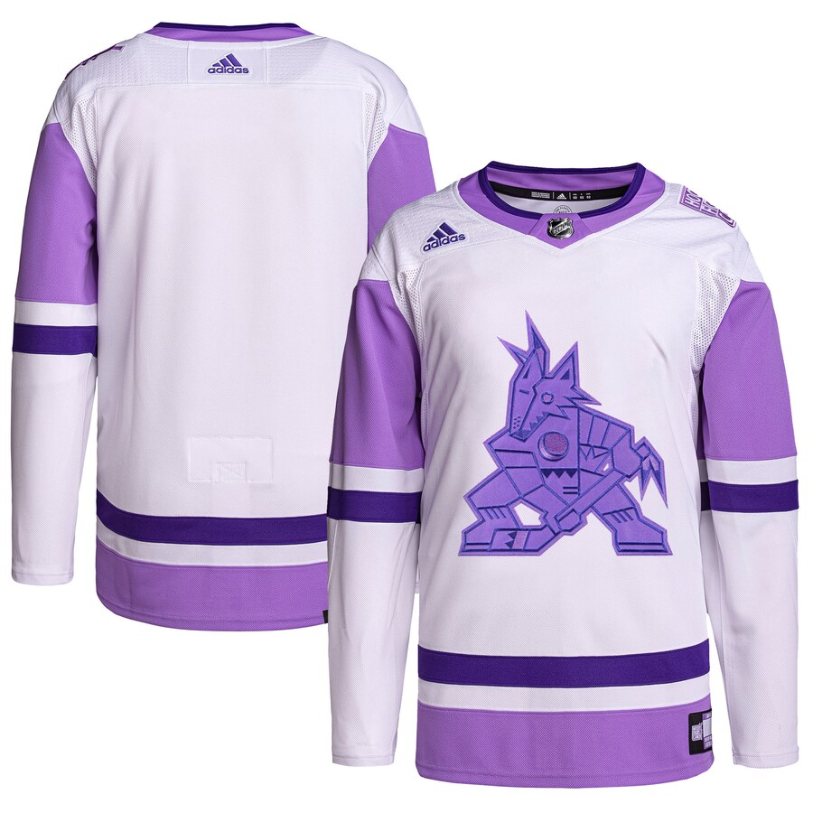 Men's Arizona Coyotes adidas White/Purple Hockey Fights Cancer Primegreen Authentic Blank Practice Jersey - Jersey