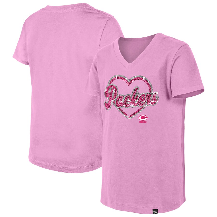 Girls Youth Green Bay Packers New Era Pink Flip Sequins V-Neck T-Shirt - Jersey