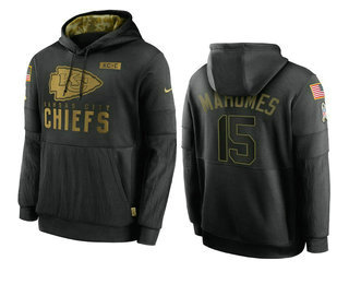 Men's Kansas City Chiefs #15 Patrick Mahomes Black 2020 Salute To Service Sideline Performance Pullover Hoodie - Jersey