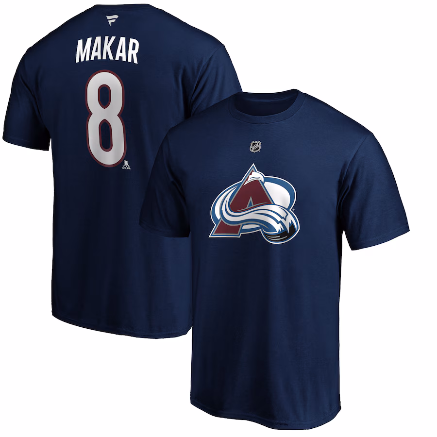 Men's Colorado Avalanche Cale Makar Fanatics Navy Authentic Stack Name & Number Team T-Shirt - Jersey