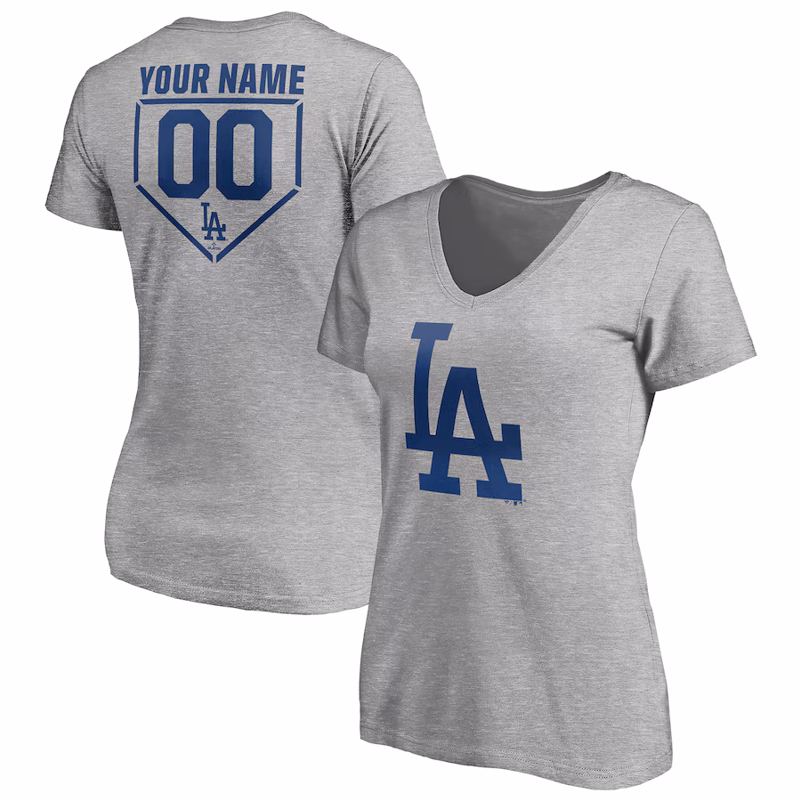 Women's Los Angeles Dodgers Heathered Gray Personalized RBI Logo V-Neck T-Shirt - Jersey