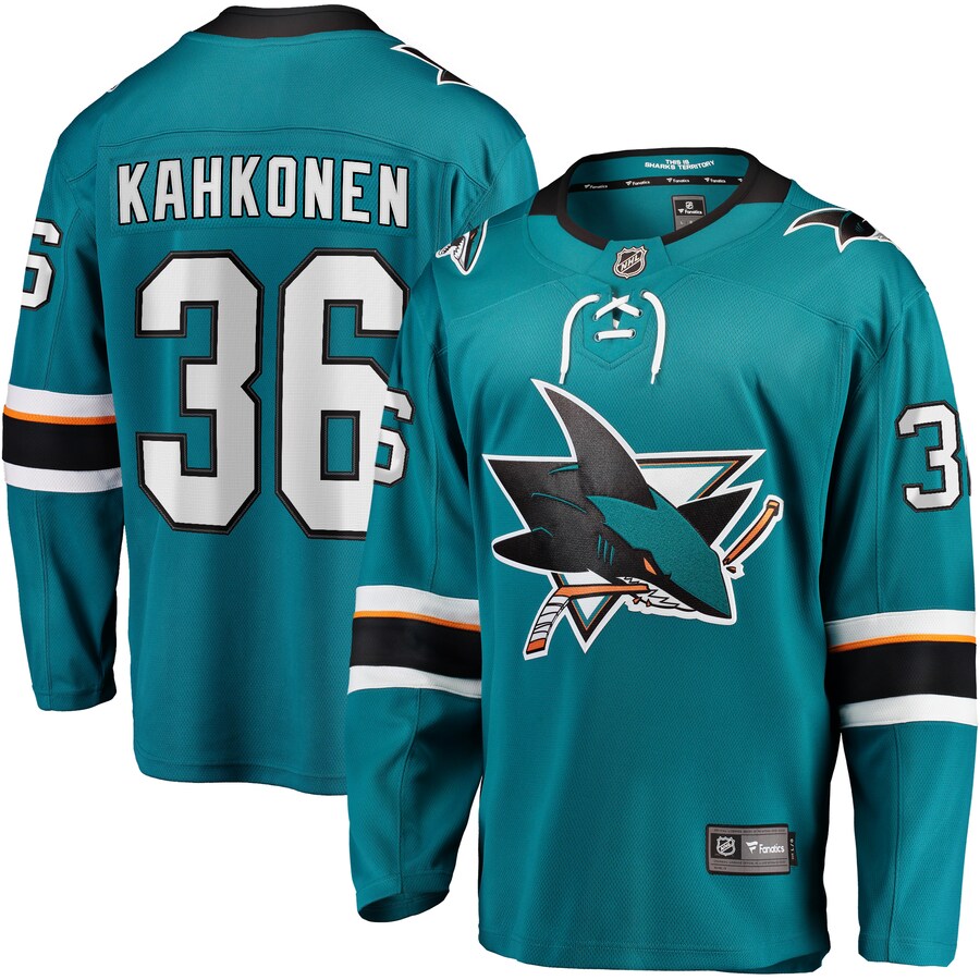 Men's San Jose Sharks Kaapo Kahkonen Fanatics Branded Teal Home Breakaway Jersey - Jersey