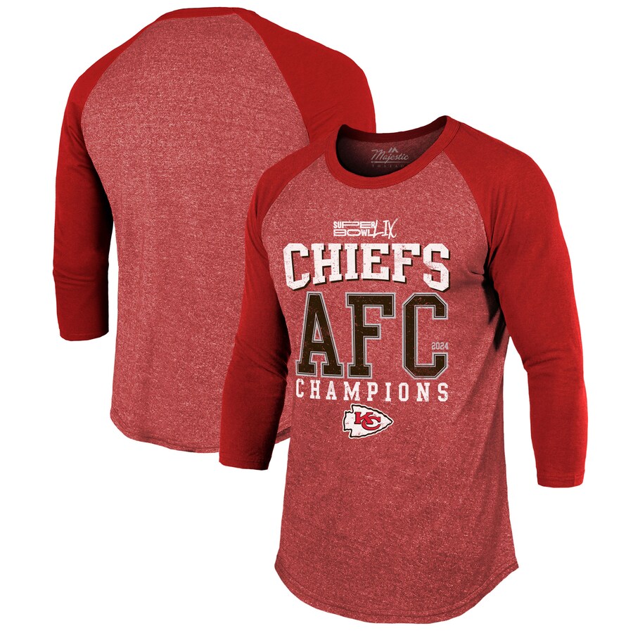 Men's Kansas City Chiefs  Majestic Threads Red 2024 AFC Champions 3/4-Sleeve Raglan Tri-Blend T-Shirt - Jersey