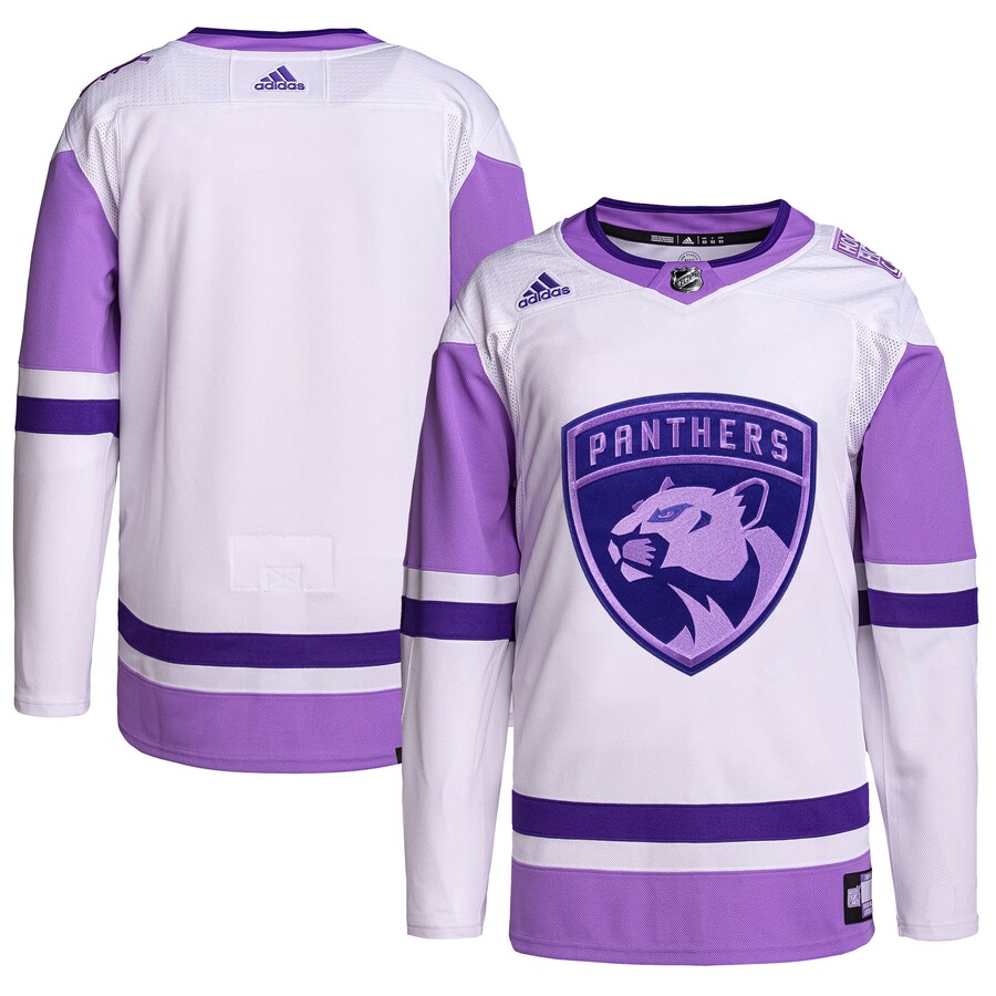 Men's Florida Panthers adidas White/Purple Hockey Fights Cancer Primegreen Authentic Blank Practice Jersey - Jersey
