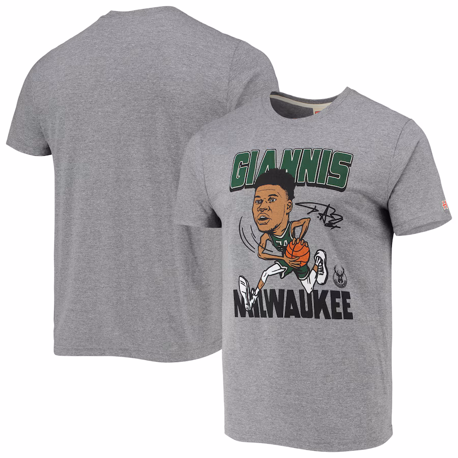 Men's Milwaukee Bucks Giannis Antetokounmpo Homage Heathered Gray Caricature Tri-Blend T-Shirt - Jersey