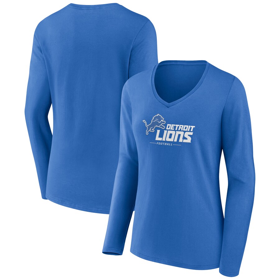 Women's Detroit Lions Blue Logo Team Lockup Long Sleeve V-Neck T-Shirt - Jersey