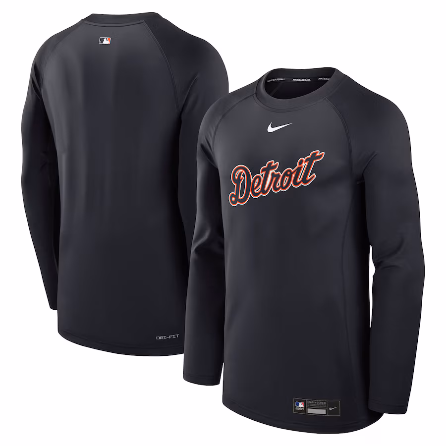 Men's Detroit Tigers Nike Navy Authentic Collection Game Time Raglan Performance Long Sleeve T-Shirt - Jersey