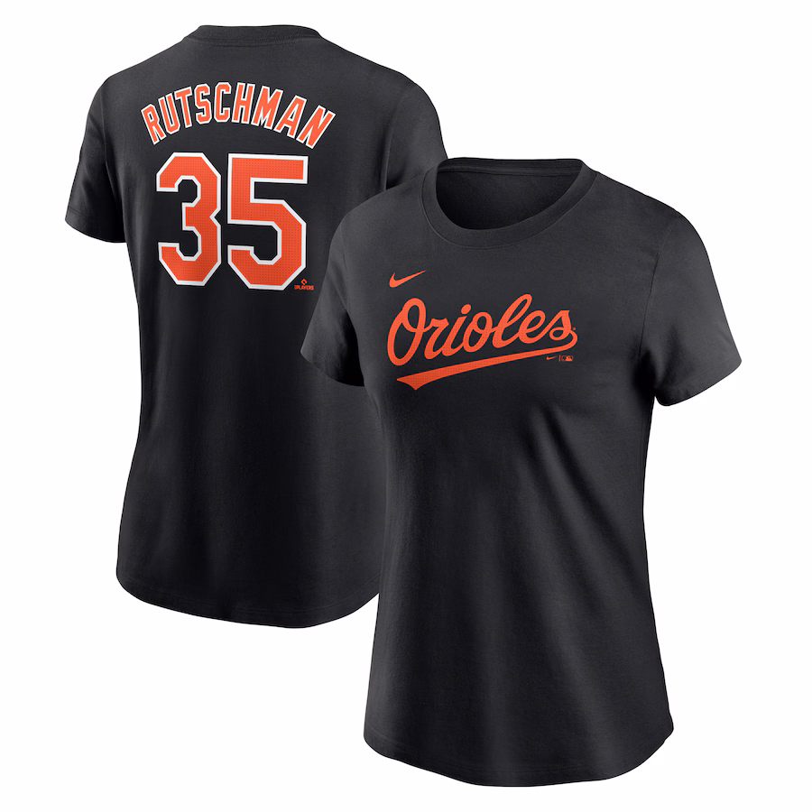 Women's Baltimore Orioles Adley Rutschman Nike Black Fuse Name & Number T-Shirt - Jersey