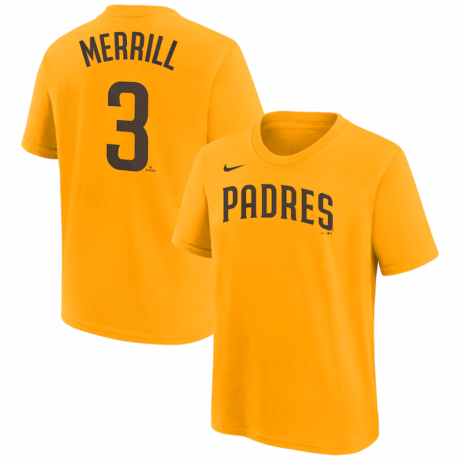 Youth San Diego Padres Jackson Merrill Nike Gold Player Name & Number T-Shirt - Jersey