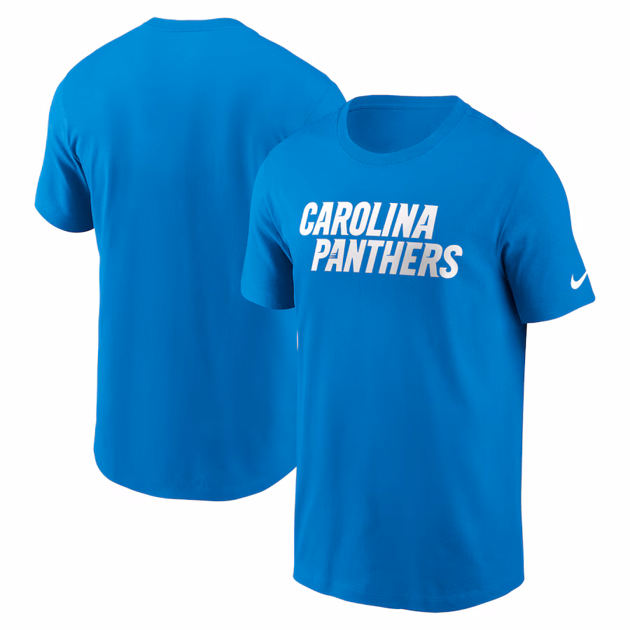 Men's Carolina Panthers Nike Blue Primetime Wordmark Essential T-Shirt - Jersey
