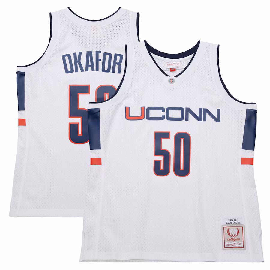 Men's UConn Huskies Emeka Okafor Mitchell & Ness White 2001/02 Swingman Replica Jersey - Jersey
