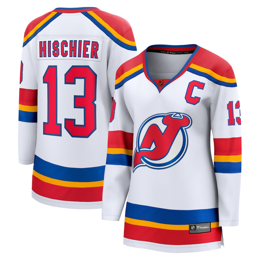 Women's New Jersey Devils Nico Hischier Fanatics White Captain Patch Special Edition 2.0 Breakaway Player Jersey - Jersey