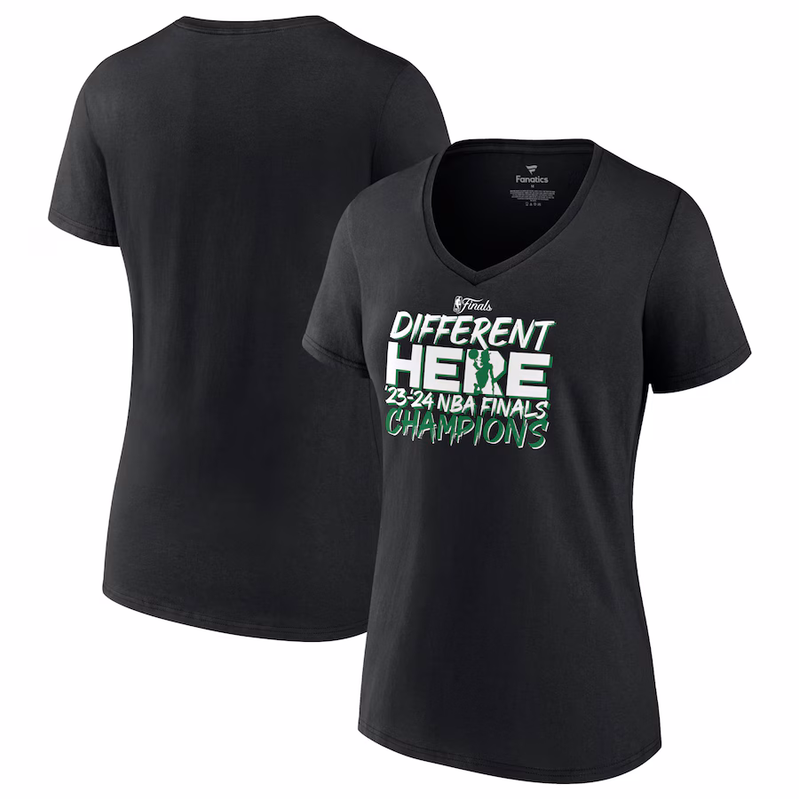 Women's Boston Celtics Fanatics Black 2024 NBA Finals Champions Pump Fake Hometown Originals V-Neck T-Shirt - Jersey