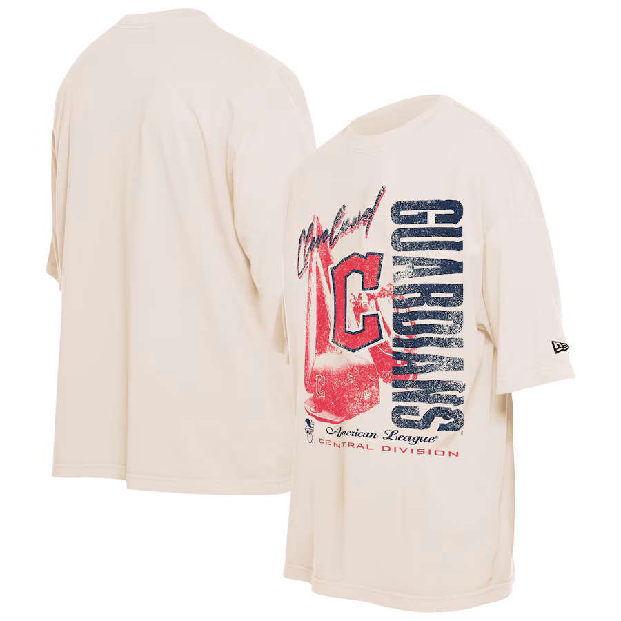 Men's Cleveland Guardians New Era Cream Cooperstown Collection Oversized Throwback Distressed T-Shirt - Jersey