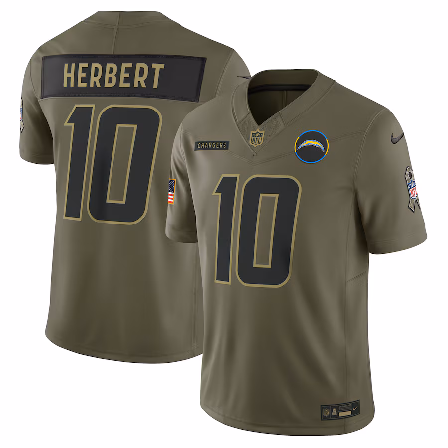 Men's Los Angeles Chargers Justin Herbert Nike Olive 2025 Salute to Service Limited Jersey - Jersey