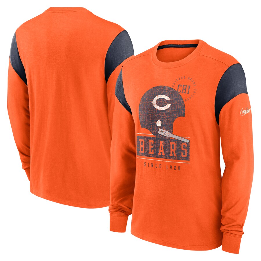 Men's Chicago Bears Nike Heather Orange Rewind Playback Helmet Long Sleeve T-Shirt - Jersey