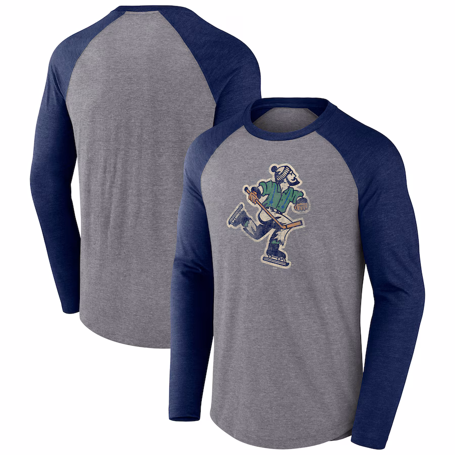 Men's Vancouver Canucks Fanatics Heather Gray Reverse Retro Raglan Tri-Blend Long Sleeve T-Shirt - Jersey