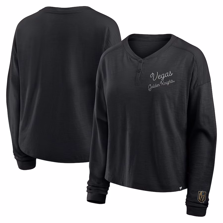 Women's Vegas Golden Knights Fanatics Black Oversized All Out Effort Long Sleeve Henley T-Shirt - Jersey