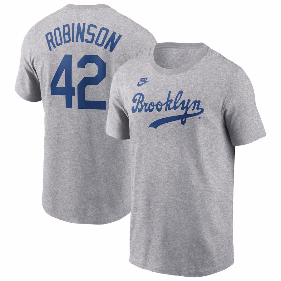 Men's Brooklyn Dodgers Jackie Robinson Nike Heather Gray Cooperstown Collection Fuse Name & Number T-Shirt - Jersey
