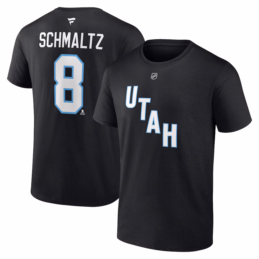 Men's Utah Hockey Club Nick Schmaltz Fanatics Black Authentic Stack Name & Number T-Shirt - Jersey