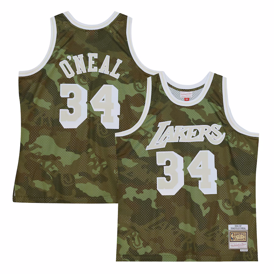 Men's Los Angeles Lakers Shaquille O'Neal Mitchell & Ness Camo Hardwood Classics 1996/97 Ghost Green Swingman Jersey - Jersey