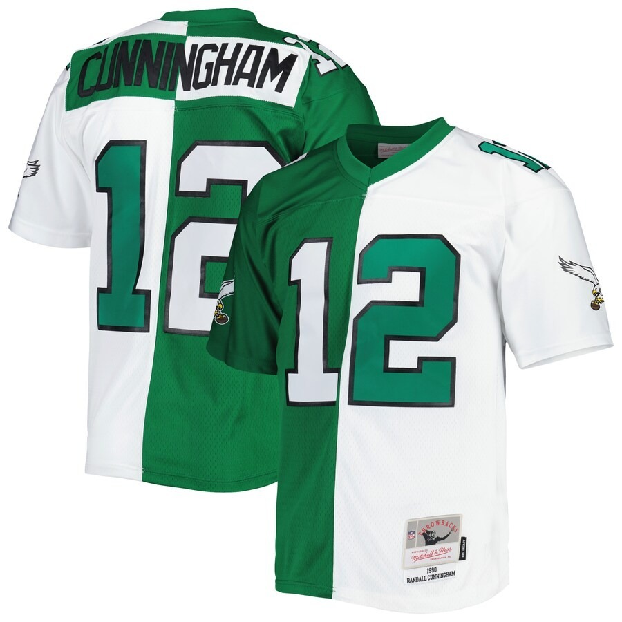 Men's Philadelphia Eagles Randall Cunningham Mitchell & Ness Kelly Green/White 1990 Split Legacy Replica Jersey - Jersey