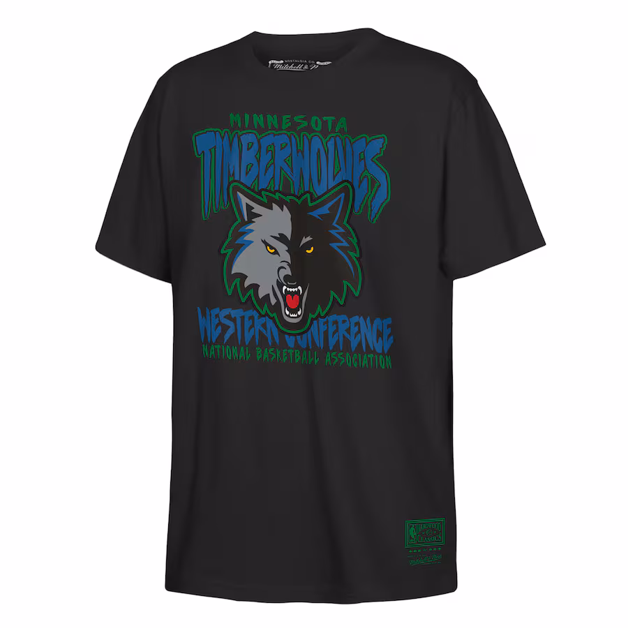 Youth Minnesota Timberwolves Mitchell & Ness Black Retro Mascot Script T-Shirt - Jersey