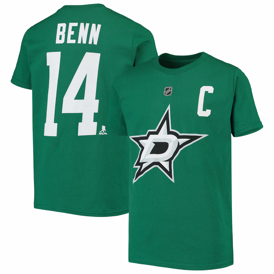 Youth Dallas Stars Jamie Benn Kelly Green Player Name & Number T-Shirt - Jersey
