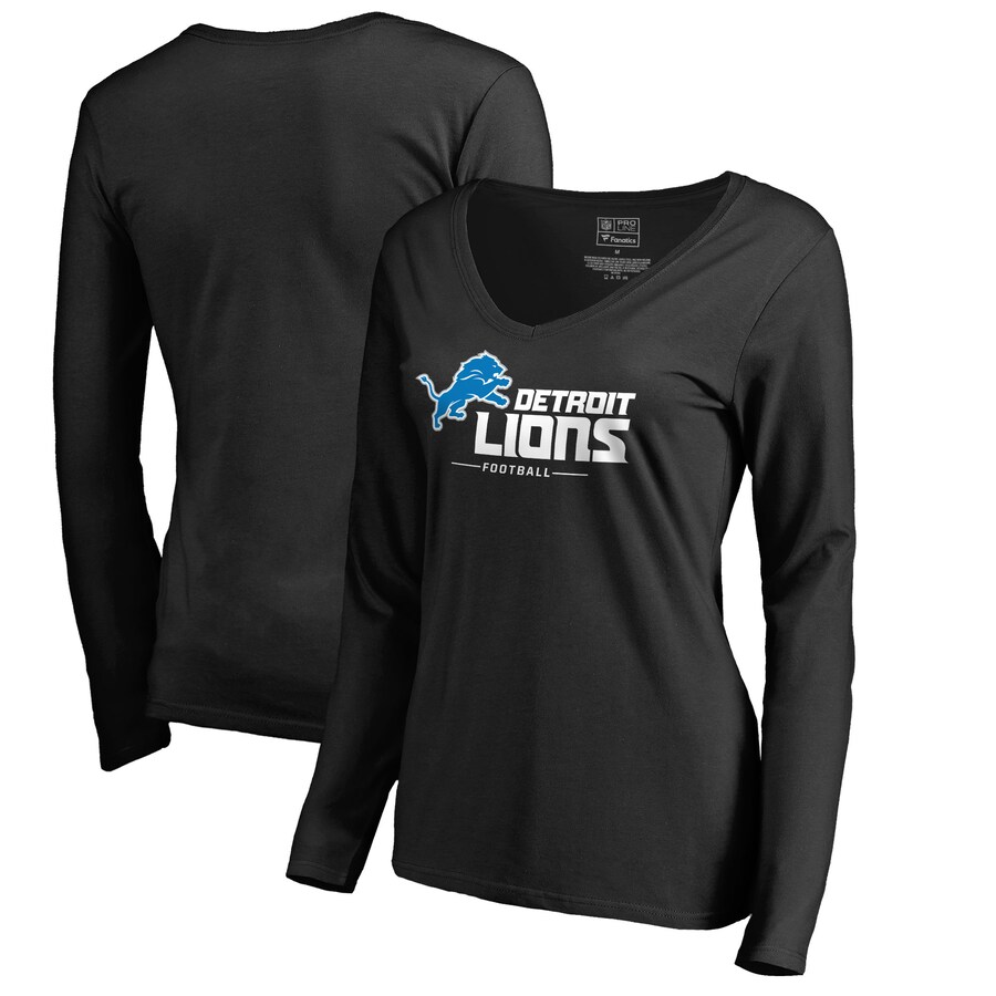 Women's Detroit Lions Black Team Lockup V-Neck Long Sleeve T-Shirt - Jersey