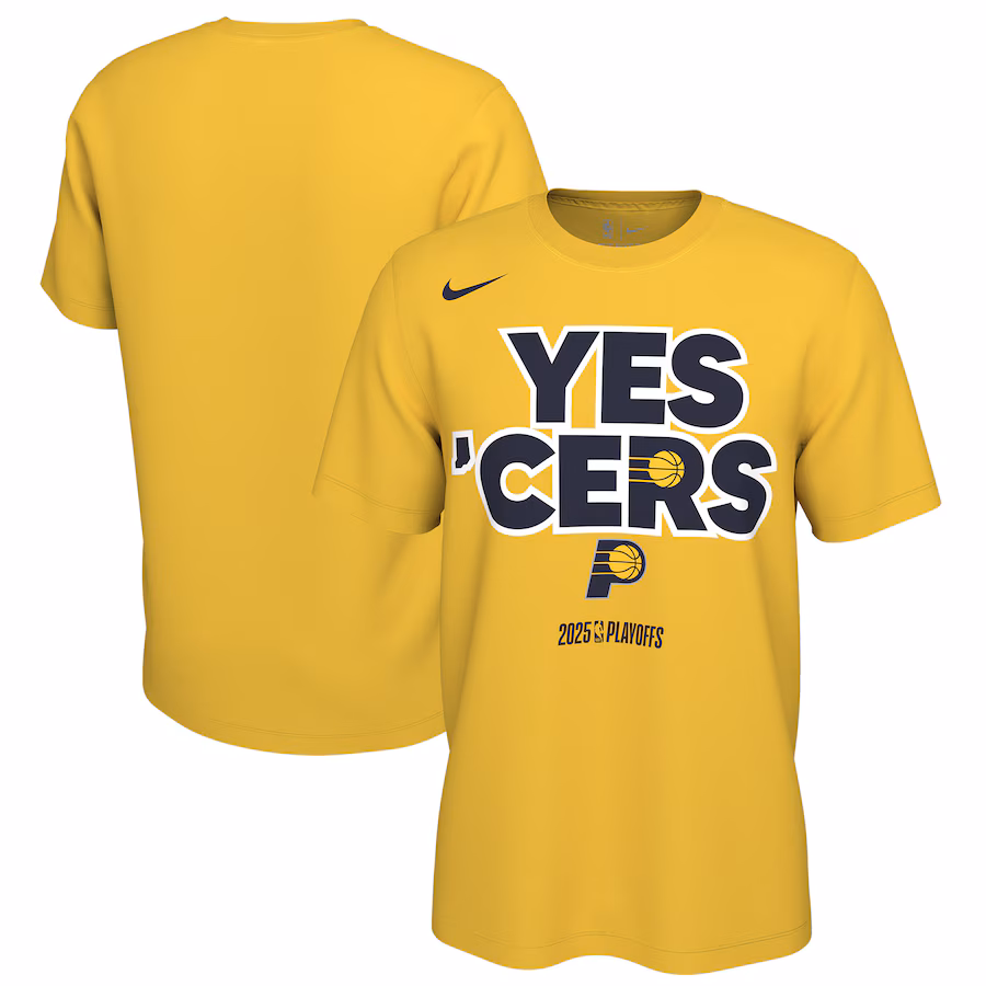 Unisex Indiana Pacers Nike Gold 2025 NBA Playoffs On-Court Mantra T-Shirt - Jersey