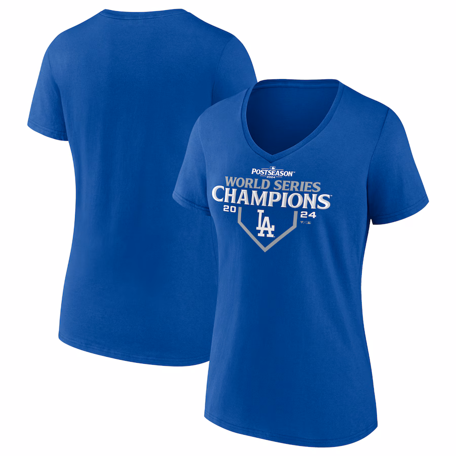 Women's Los Angeles Dodgers Fanatics Royal 2024 World Series Champions Official Logo V-Neck T-Shirt - Jersey