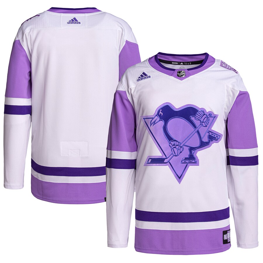 Men's Pittsburgh Penguins adidas White/Purple Hockey Fights Cancer Primegreen Authentic Blank Practice Jersey - Jersey