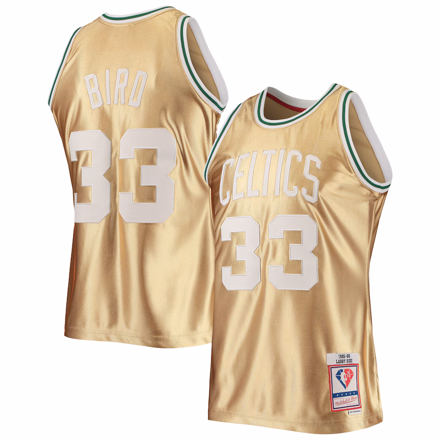 Men's Boston Celtics Larry Bird Gold Mitchell & Ness 75th Anniversary 1985/86 Hardwood Classics Swingman Jersey - Jersey