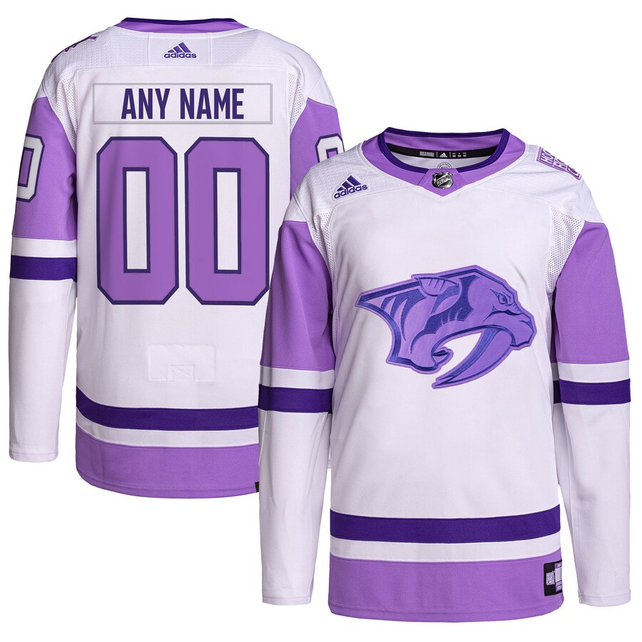 Men's Nashville Predators adidas White/Purple Hockey Fights Cancer Primegreen Authentic Custom Jersey - Jersey