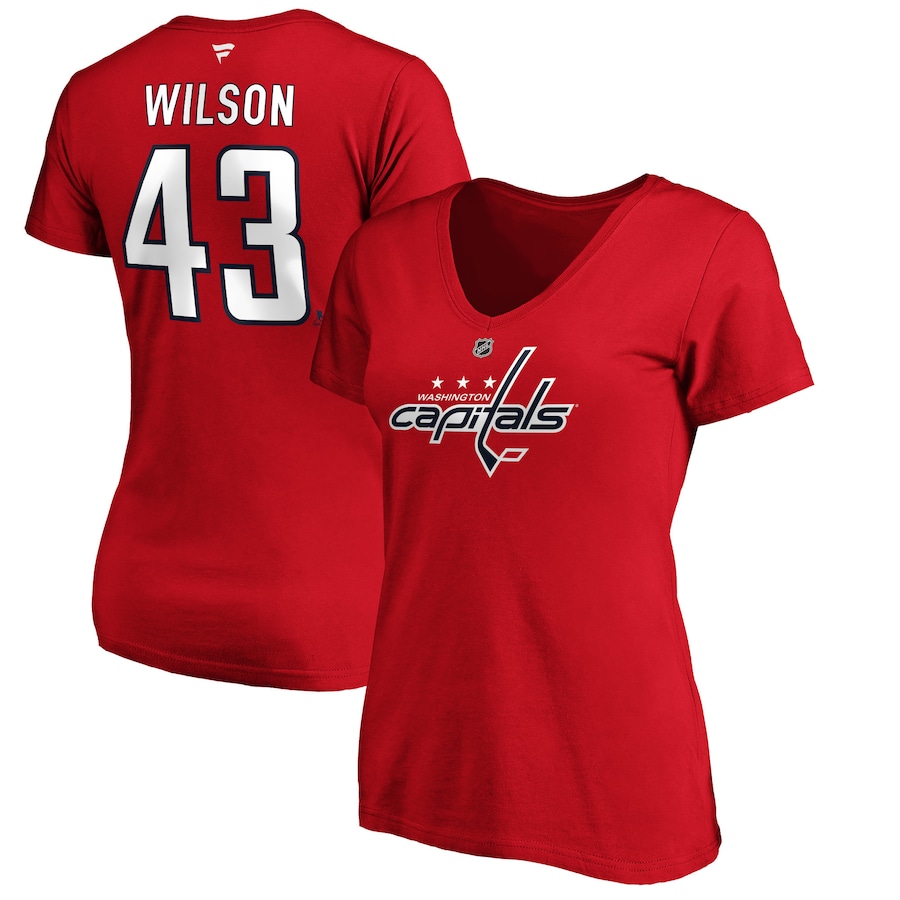 Women's Washington Capitals Tom Wilson Fanatics Red Authentic Stack Name and Number V-Neck T-Shirt - Jersey