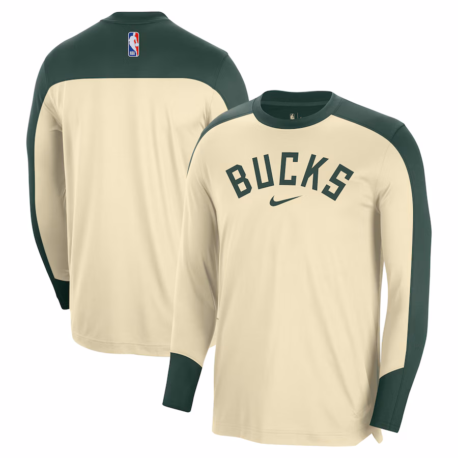 Men's Milwaukee Bucks Nike Cream 2024/25 Authentic Pre-Game Legend Long Sleeve Shooting Shirt - Jersey