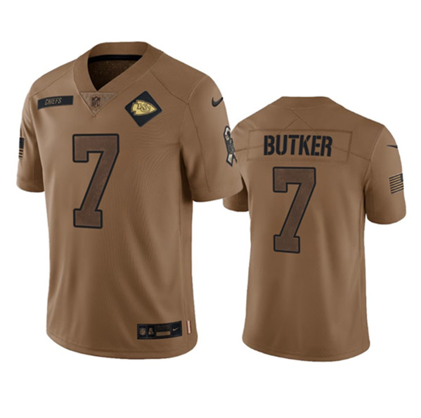 Men’s Kansas City Chiefs #7 Harrison Butker 2023 Brown Salute To Service Limited Football Stitched Jersey - Jersey